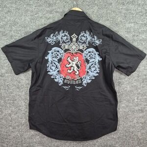 Avirex Shirt Mens XL Black Button Up Graphic Cross Lion Print Goth Y2K‎